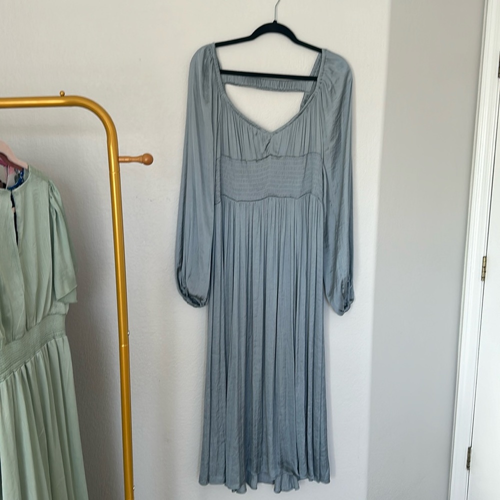 Silver Blue Satin Long Sleeve Midi Dress